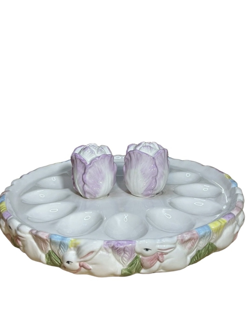 VTG 90s Easter pastel bunny whimsical deviled egg platter W salt pepper shakers